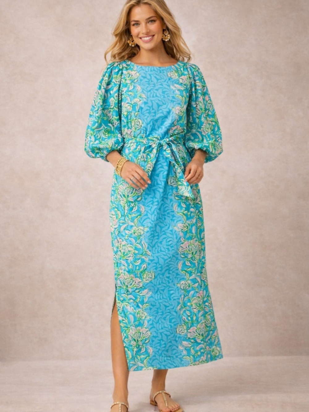 EUC Lilly Pulitzer Barbara Puff Sleeve Midi Dress Cumulus Blu Chick Magnet Sz XS